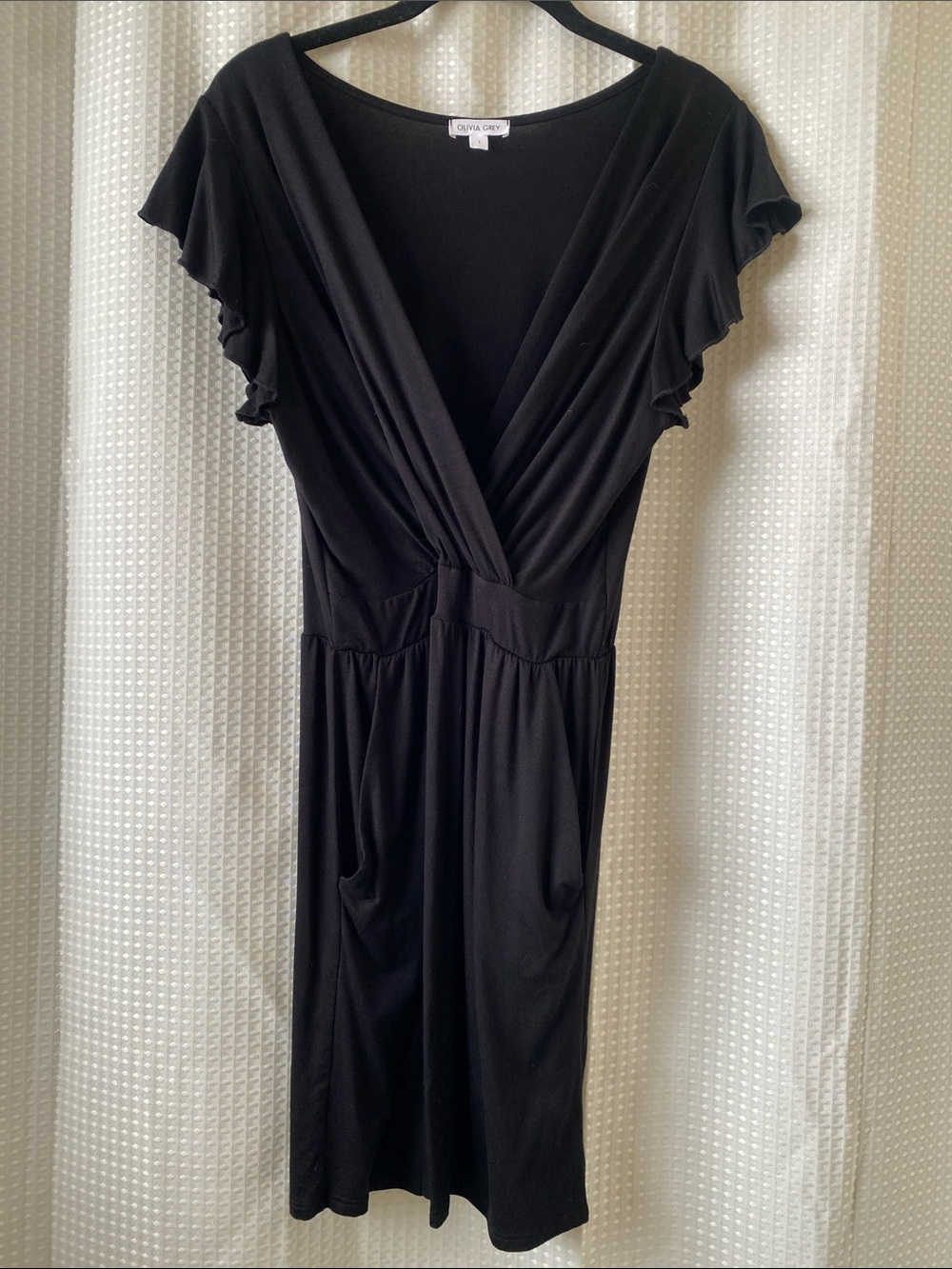 Olivia Grey Black Surplice Jersey Dress with Flutter Sleeves